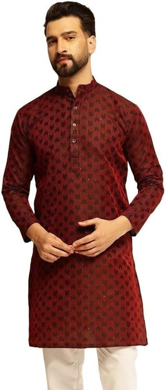 Sojanya Since 1958 Men's Long Kurta X-LARGE Silk Red and Black Woven Design